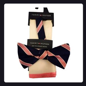 NWT TOMMY HILFINGER STRIPE BOW TIE & POCKET SQUARE PINK BLUE